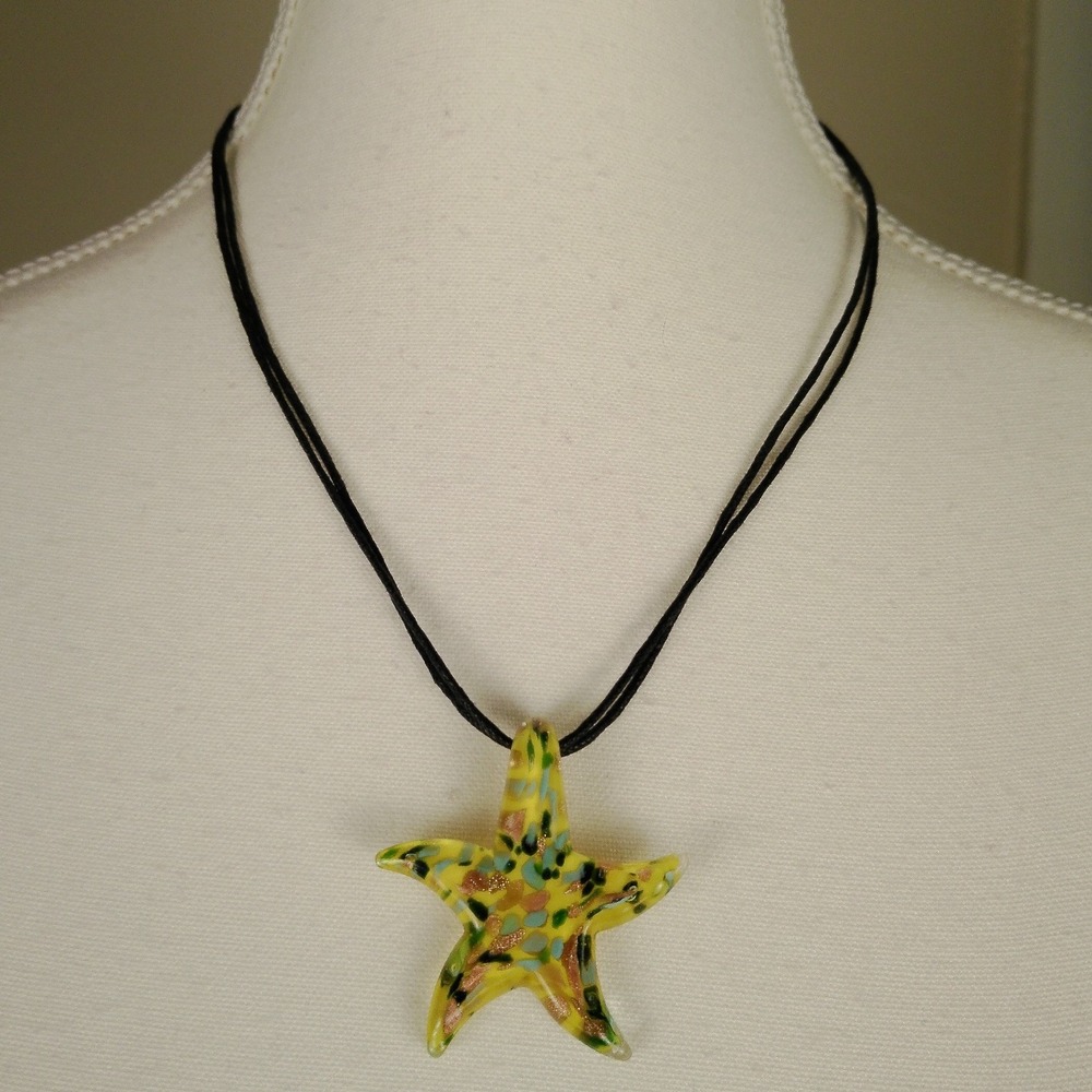 New My Style Yellow Glass Starfish Pendant Necklace Black Cord Adjustable‎